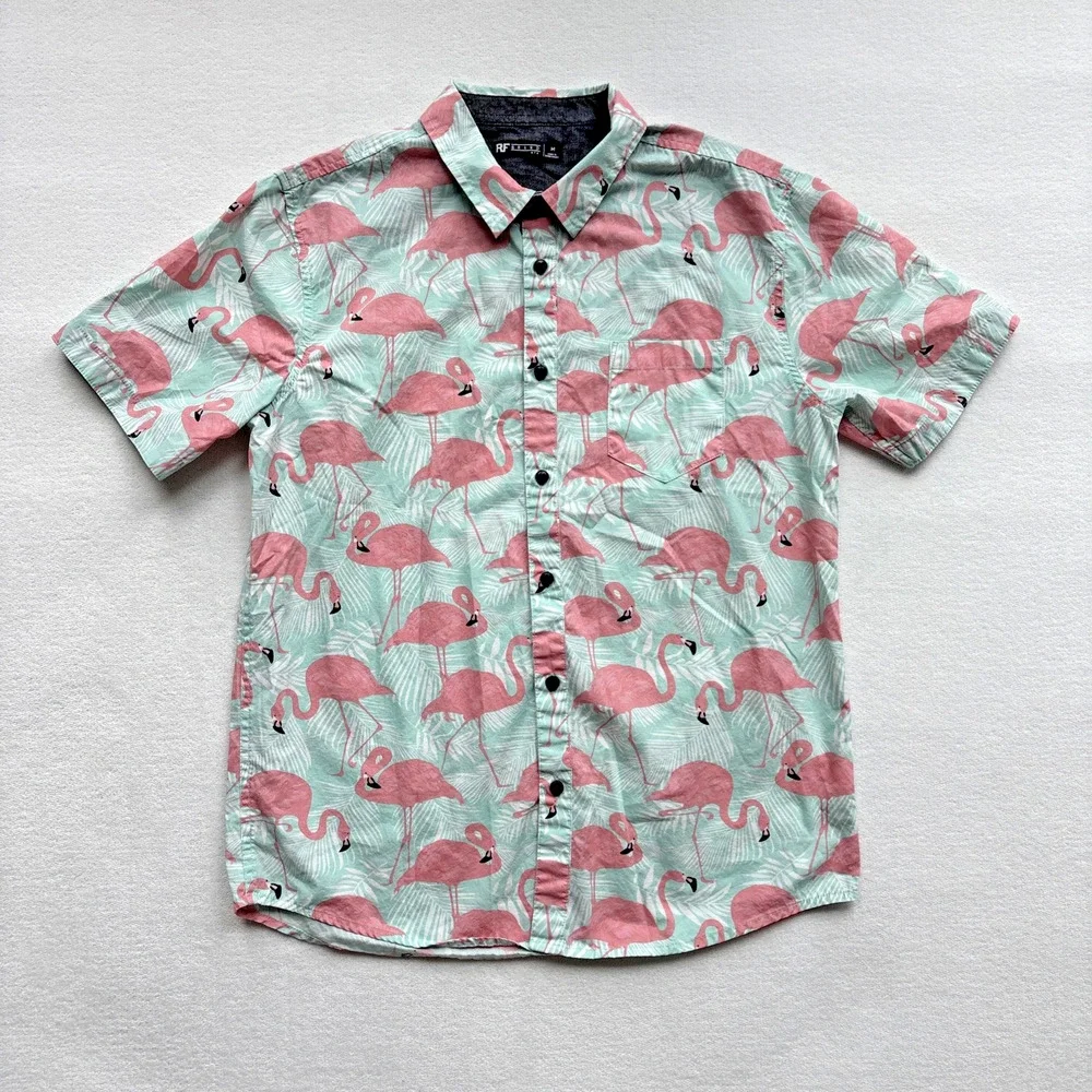 RF Brand MFG Men Medium Hawaiian Shirt Flamingo Short Sleeve Tropical‎